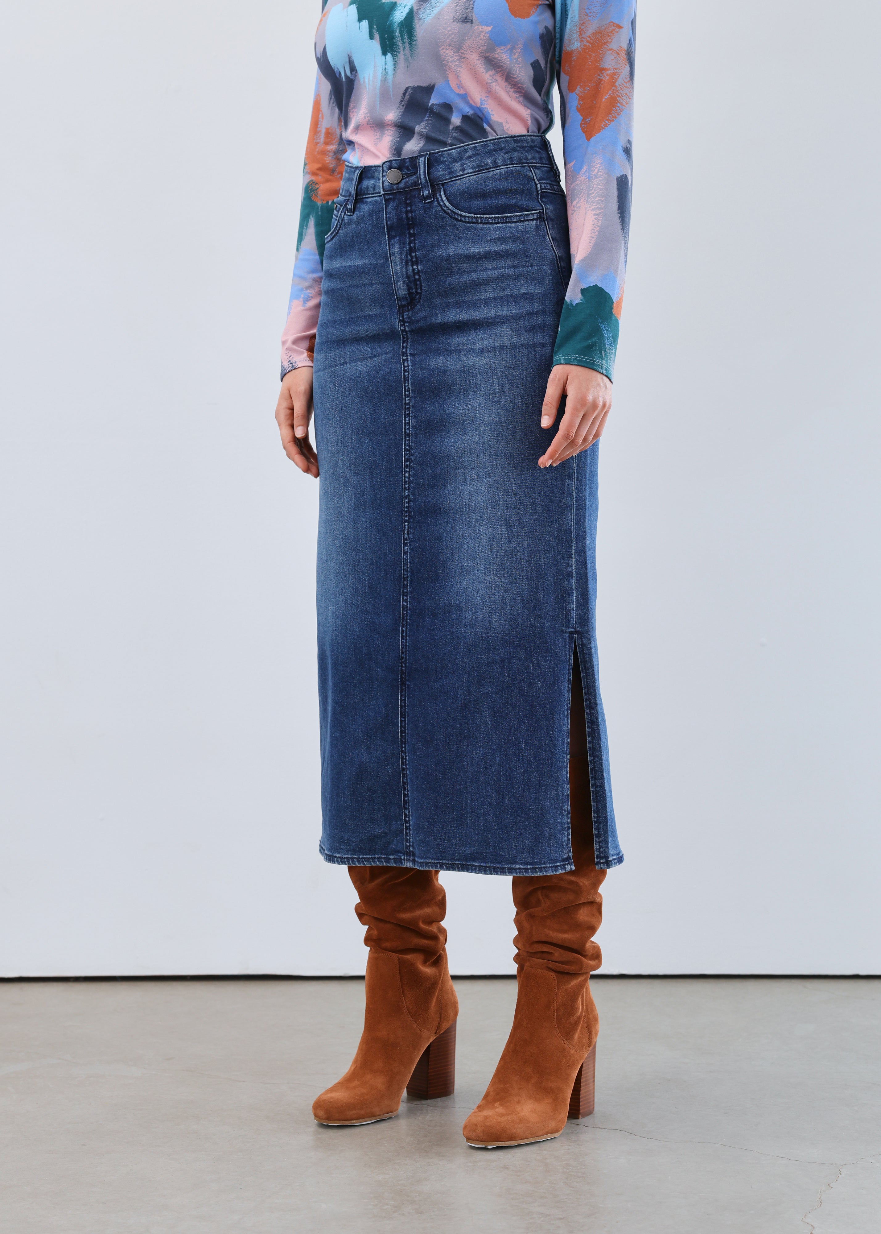 【BAON】Kenco Stitch Pintuck Denim Midi Skirt MO&Co. Women's Front Slit Straight Denim Midi Skirt in Blue