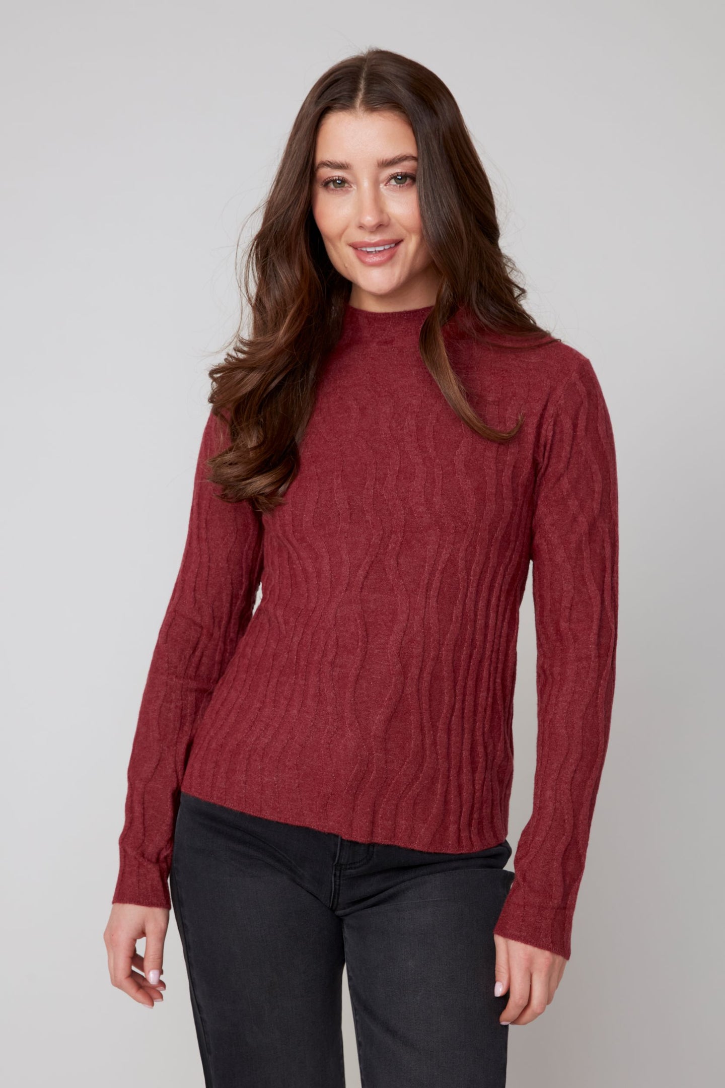 Mock Neck Wave Knit Sweater